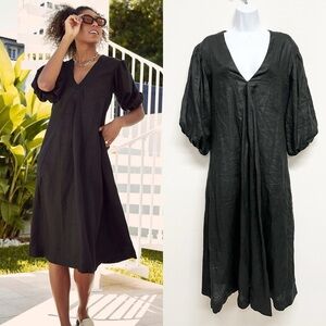LJC Designs Womens Black Linen Puff Sleeve Pocketed Lagenlook Midi Dress Size L